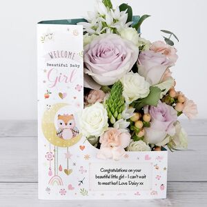 www.flowercard.co.uk New Born Congratulation Flowercard with Peach Hypericum, Lilac Tea Roses, Spray Roses, Eucalyptus and Ruscus