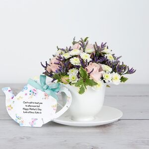 www.flowercard.co.uk Mother's Day Teacup and Flowers with Spray Rose, Chrysanthemum, Lilac Limonium and Pittosporum