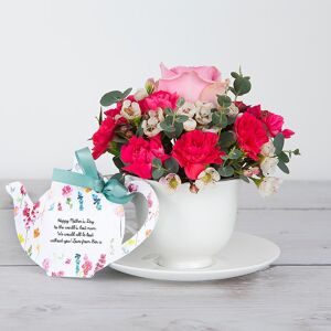 www.flowercard.co.uk Dutch Rose accented with Carnations and Wax Flowers Teacup