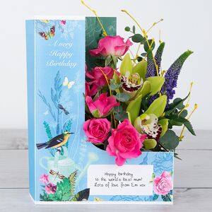 www.flowercard.co.uk Birthday Flowers with Lime Cymbidium Orchid, Purple Veronica, Spray Rose, Birch Twig and Eucalyptus