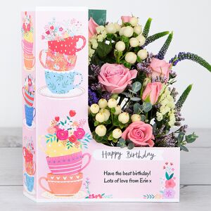 www.flowercard.co.uk Lilac Spray Roses, Purple Veronica and Lemon Hypericum Birthday Flowercard