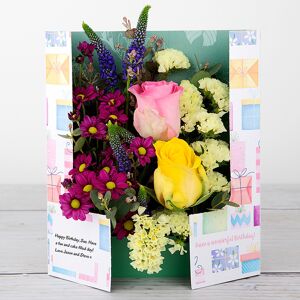 www.flowercard.co.uk Birthday Flowers with Purple Veronica, Pink Roses, Lemon Statice and Eucalyptus