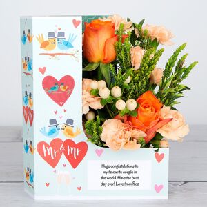 www.flowercard.co.uk Mr & Mrs' Flowercard with Downtown Roses, Peach Spray Carnations, Hypericum Berries, Platyspermum and Fresh Eucalyptus