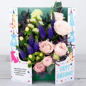 www.flowercard.co.uk Birthday Flowers with Lilac Spray Roses, Veronicas, Hypericum, Limonium and Eucalyptus