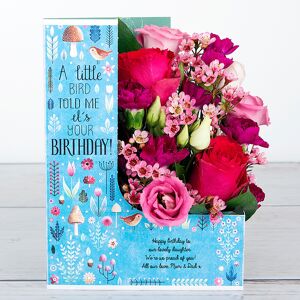 www.flowercard.co.uk Birthday Flowers with Deep Water Rose, Pink Lisianthus, Wax Flower, Spray Carnations and Ruscus