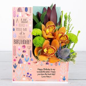 www.flowercard.co.uk Personalised Birthday Flowercard with Orchids, Green Santini, Pittosporum and Ruscus Leaves