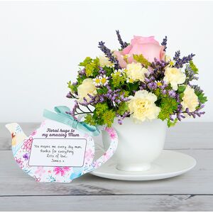 www.flowercard.co.uk Pink Rose, Lavender, Carnations, Limonium, Tanacetum Flowers Inside Bone China Teacup