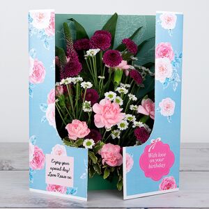 www.flowercard.co.uk Birthday Flowers with White Santini, Spray Carnations, Lisianthus, Pink Wheat, Tree Fern and Pittosporum