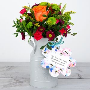 www.flowercard.co.uk Personalised Flowerchurn with Orange Roses, Spray Carnations, Santini, Painted Wheat and Pistache Tree