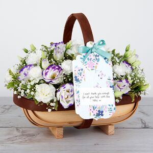 www.flowercard.co.uk Keepsake Flower Trug with Purple and White Lisianthus, Gypsophila, Spray Carnations and Pittosporum