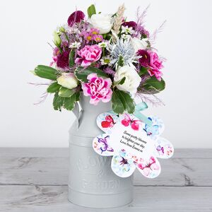 www.flowercard.co.uk White Lisianthus, Painted Wheat, Santini, Tree Fern and Spray Carnations in our Keepsake Flowerchurns