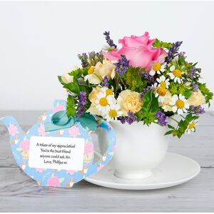 www.flowercard.co.uk Bone China Teacup with Pink Roses, Lavender stems, Carnations, Tanacetum and Limonium