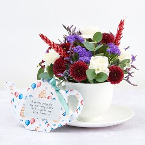 www.flowercard.co.uk King Charles' Coronation Celebration Flowercard with White Spray Carnations, Red Santini, Limonium, Red Wheat and Eucalyptus