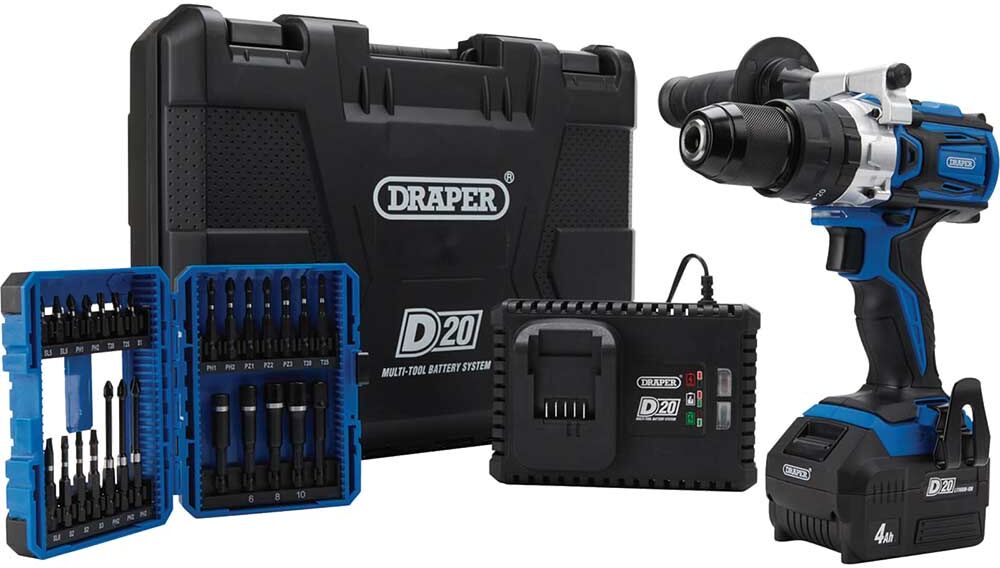 DeWalt Draper PTKD20/OCT/1 D20 20v Cordless Brushless Combi Drill Kit 1 x 4ah Li-ion Battery Charger Case & Accessories