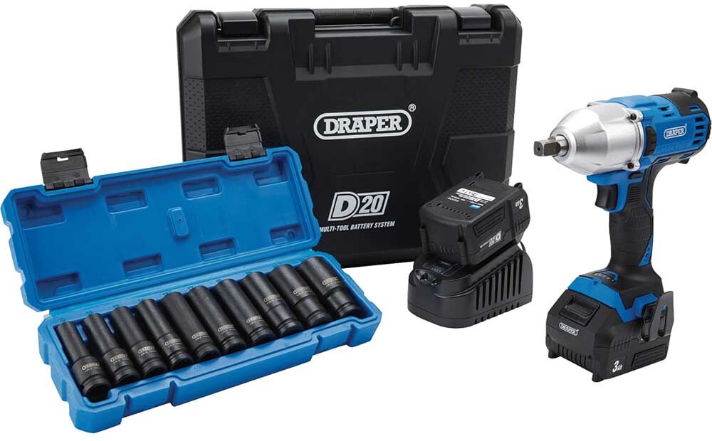 DeWalt Draper PTKD20/OCT2 D20 20v Cordless 1/2" Drive Impact Wrench Kit 2 x 3ah Li-ion Battery Charger Case
