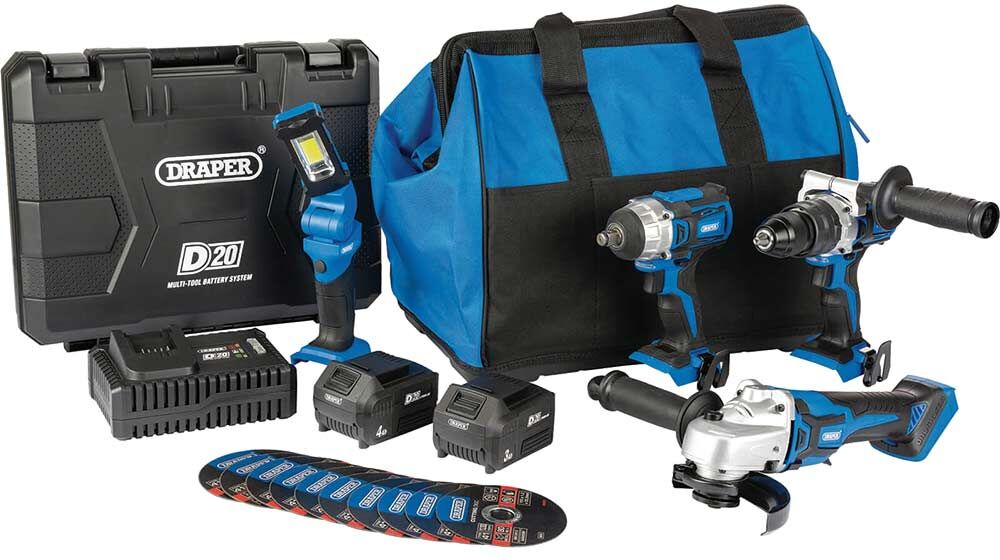 DeWalt Draper D20 20v Cordless 4 Piece Workshop Power Tool Kit 1 x 3ah & 1 x 4ah Li-ion Battery Charger Case