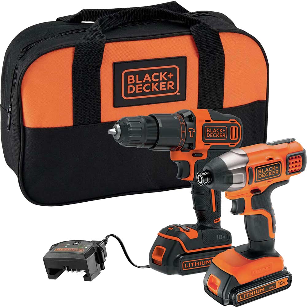 DeWalt Black and Decker BCK25S2S 18v Cordless Combi Drill and Impact Driver Kit 2 x 1.5ah Li-ion Battery Charger Bag