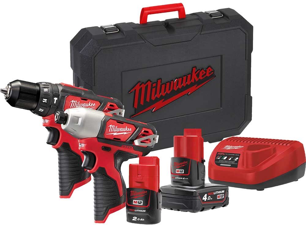 DeWalt Milwaukee M12 BPP2B 12v Cordless Combi Drill and Impact Driver Kit 1 x 2ah & 1 x4ah Li-ion Battery Charger Case