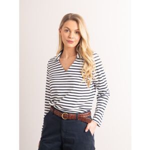 Lakeland Leather Daisy V-Neck Collared Stripe Jersey Top in White and Navy - White