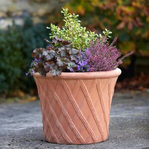 Gardenesque Decorative Frostproof Round Terracotta Pot   Drainage Holes   Crisscross Pattern - W21 X H16 Cm