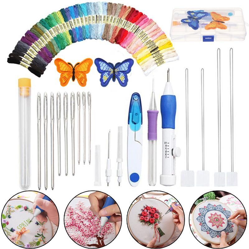 Sweet Lovely DIY Embroidery Pen Knitting Sewing Tool Kit Punch Needle Set w/50 Threads Plastic+Steel Ornaments