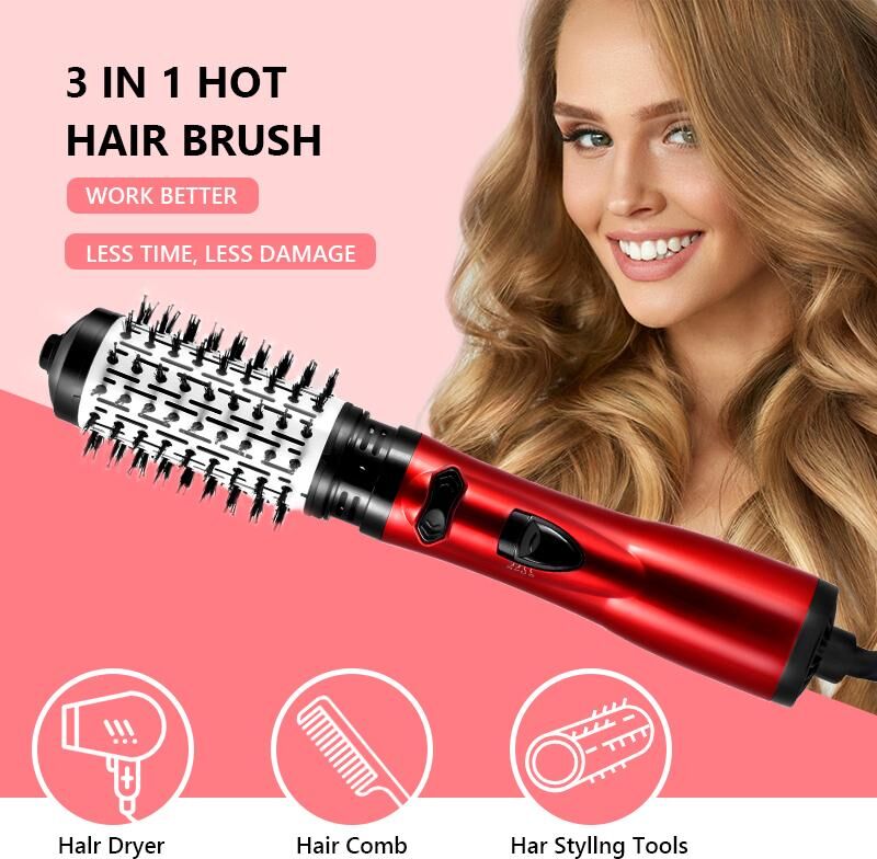 HaiKouLiJinHaiKeJiYouXianGongSi 3 in 1 Rotating Electric Hair Straightener Brush Hair Curler Hair Dryer Brush Hot Air Comb Negative Ion Hair Styler Comb