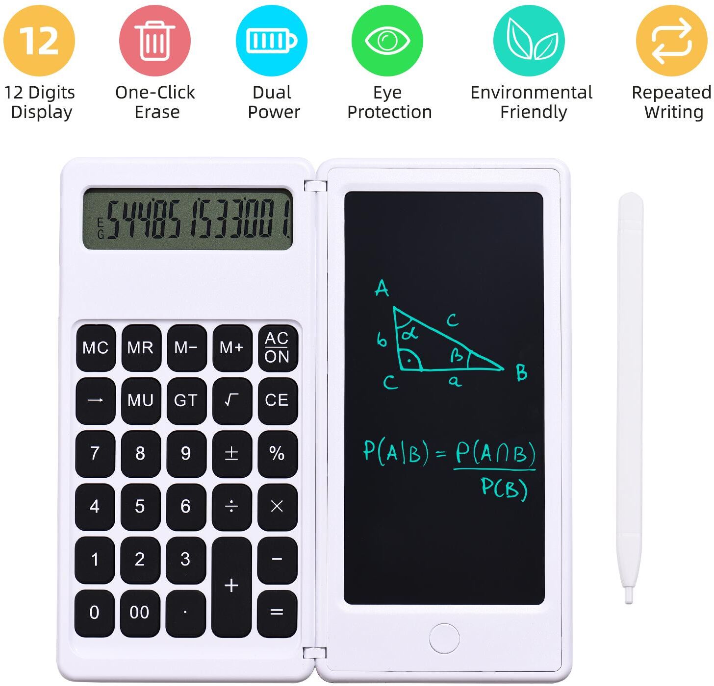 TOMTOP JMS Foldable Calculator & 6 Inch LCD Writing Tablet Digital Drawing Pad 12 Digits Display with Stylus