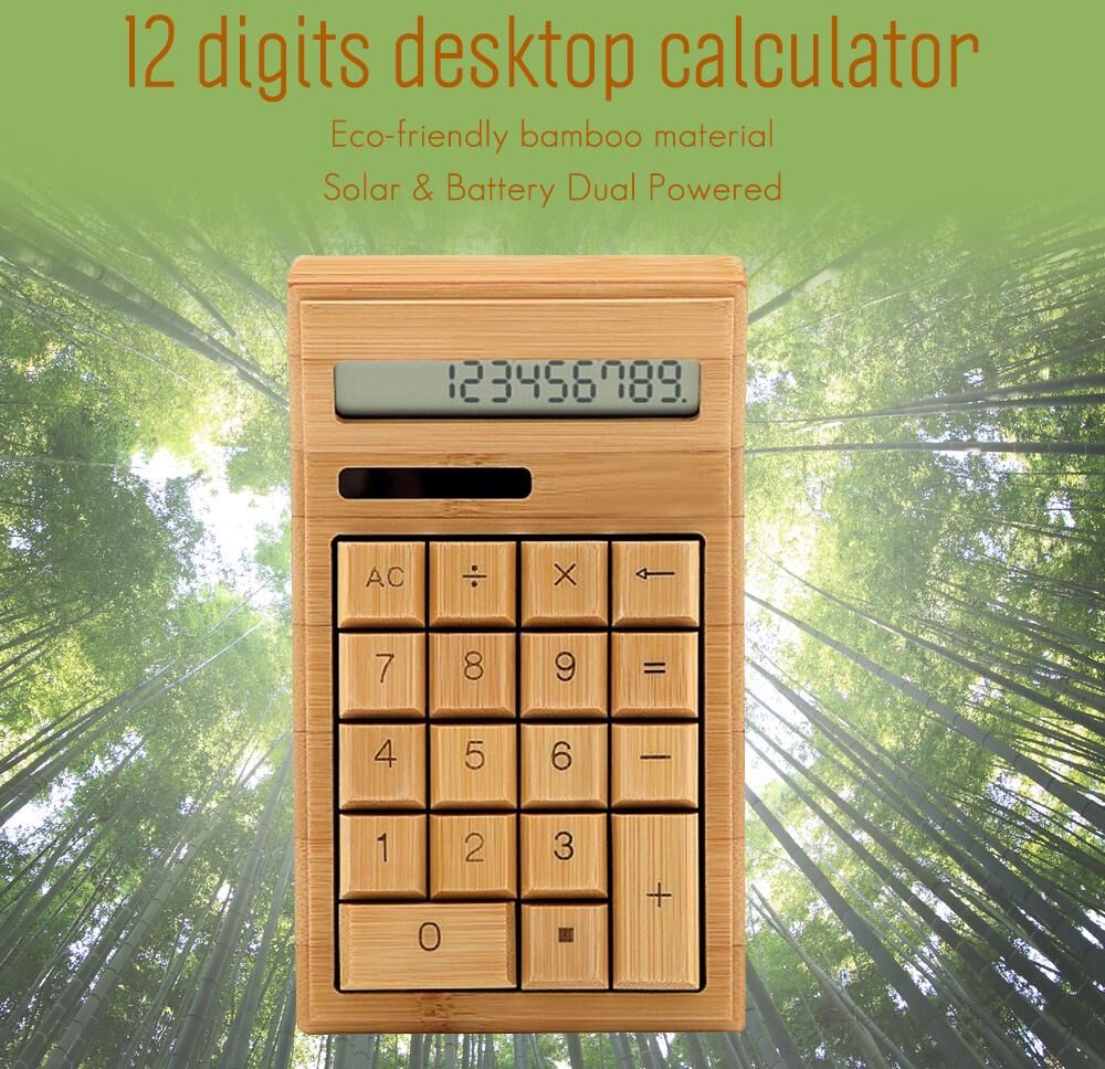 TOMTOP JMS Eco-friendly Bamboo Electronic Calculator Counter Standard Function 12 Digits Solar & Battery Dual Po