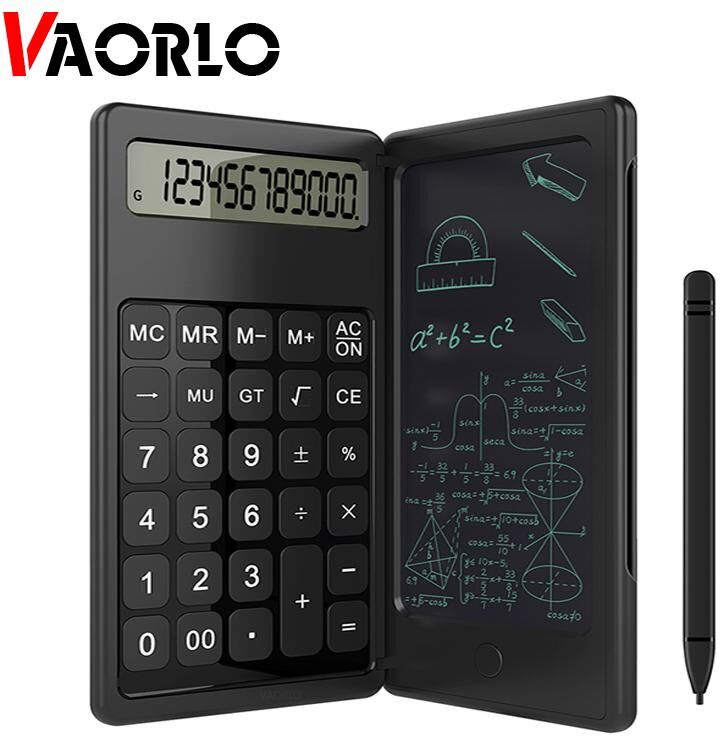 VAORLO Foldable Calculator & 6 Inch LCD Writing Tablet Digital Drawing Pad 12 Digits Display with Stylus Pen Erase Button Lock Function