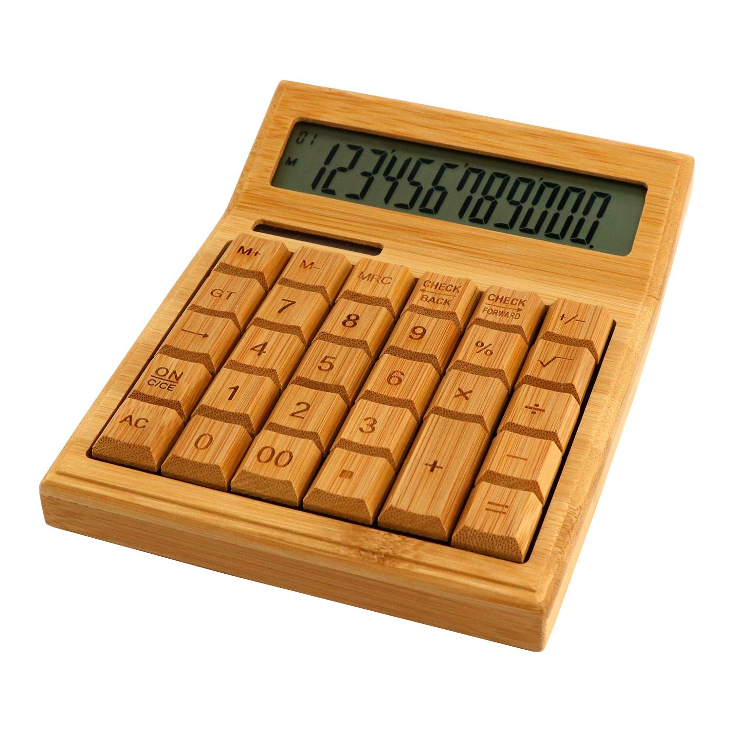 TOMTOP JMS Multifunctional Bamboo Electronic Calculator Counter 12 Digits Solar & Battery Dual Powered for
