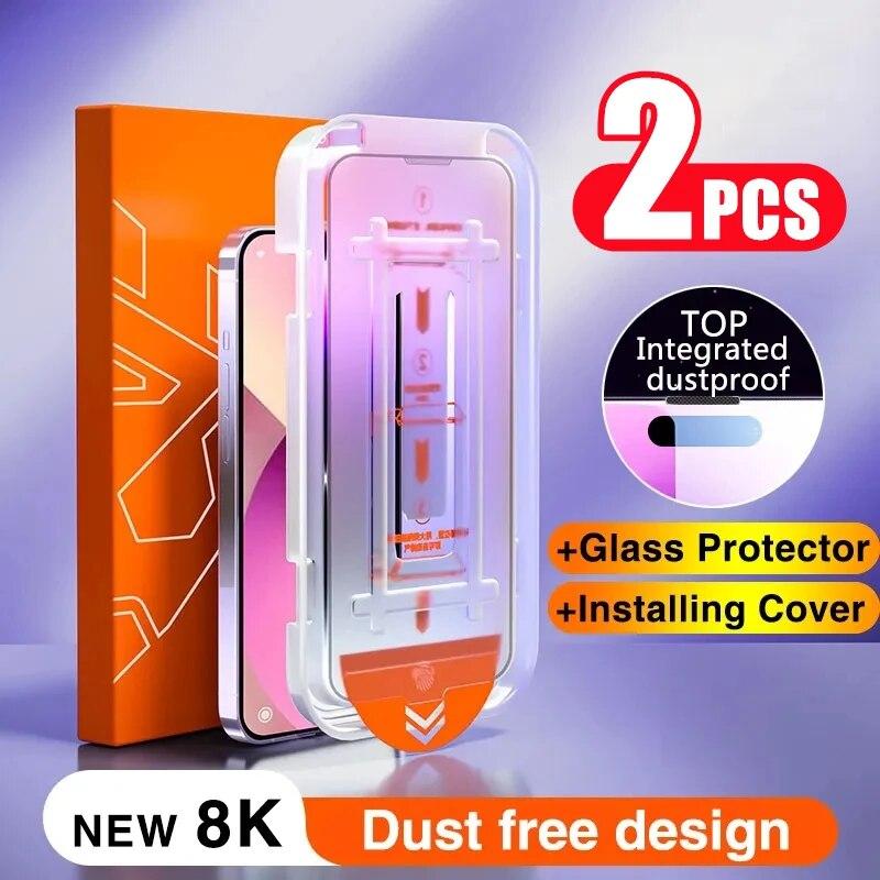 Caihonghong 2PCS New 8K Oleophobic Coating Dust free Installation Screen Protector For iPhone 13 11 12 14 Pro Max Mini XS MAX X 15 Anti Spy Glass