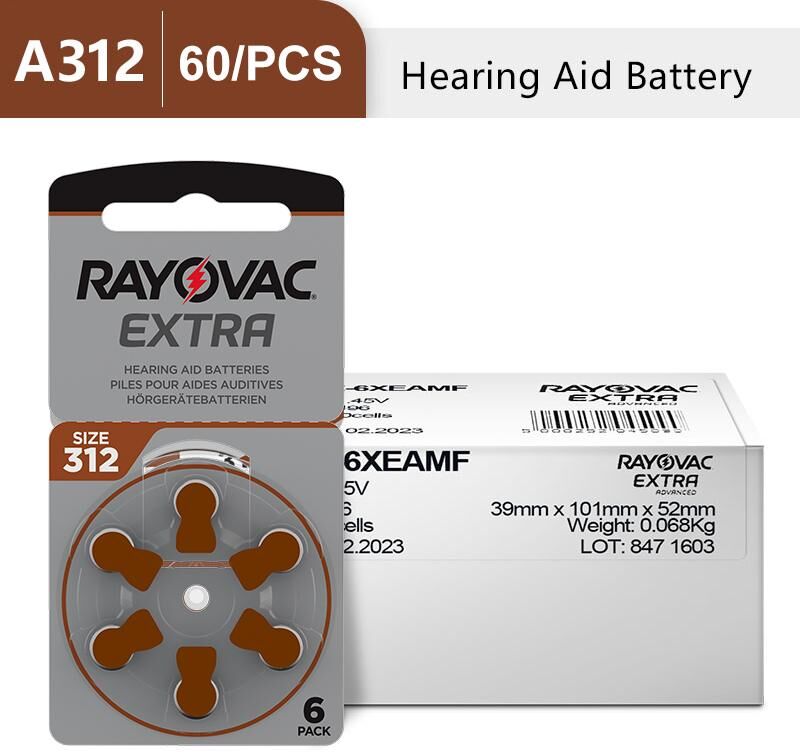 Battery For Hearing Aids A312 312A 312 P312 PR48 RAYOVAC EXTRA Zinc Air 312/A312 Mini Batteries For Sound Amplifier 60 PCS