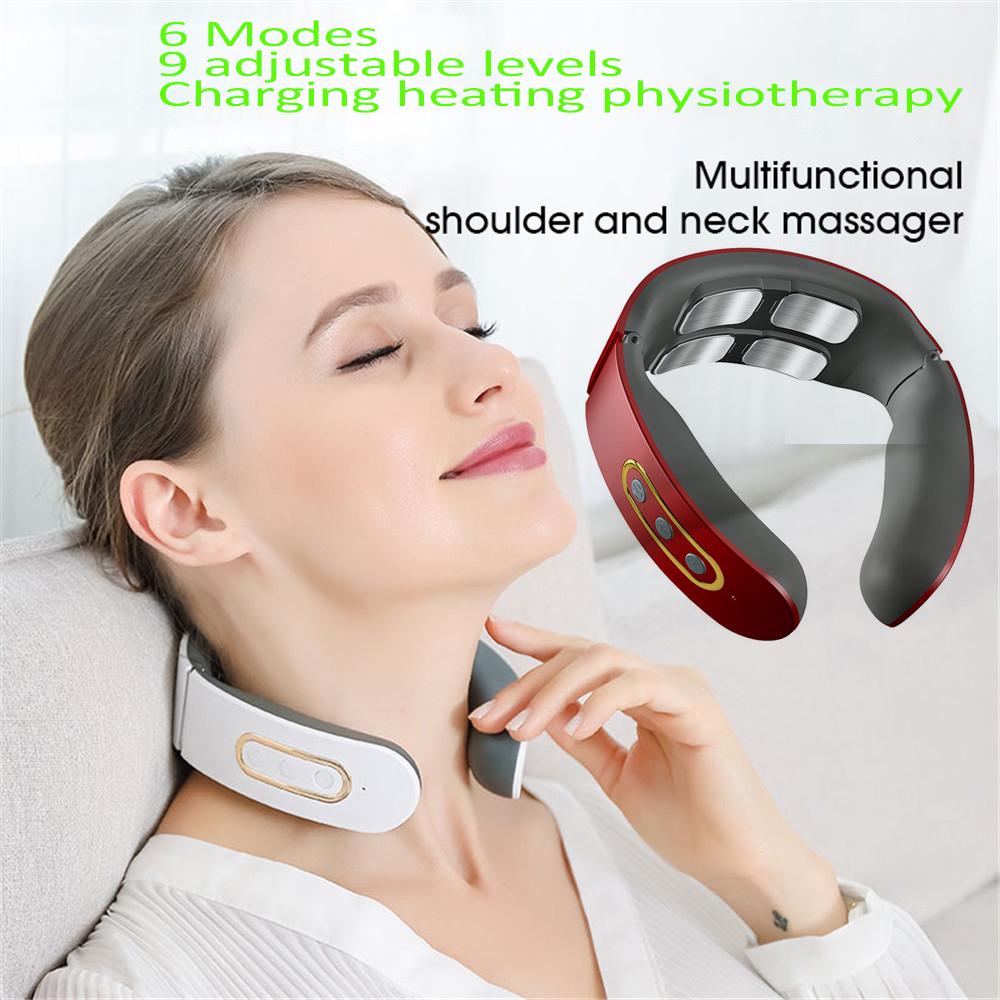 YJMP beauty health EMS Electric Cervical Spine Massager 6 Models 9 Gears Neck Shoulder Massage Vertebra Relax Automatic Heating Physiotherapy Pain Relief Rechargeable