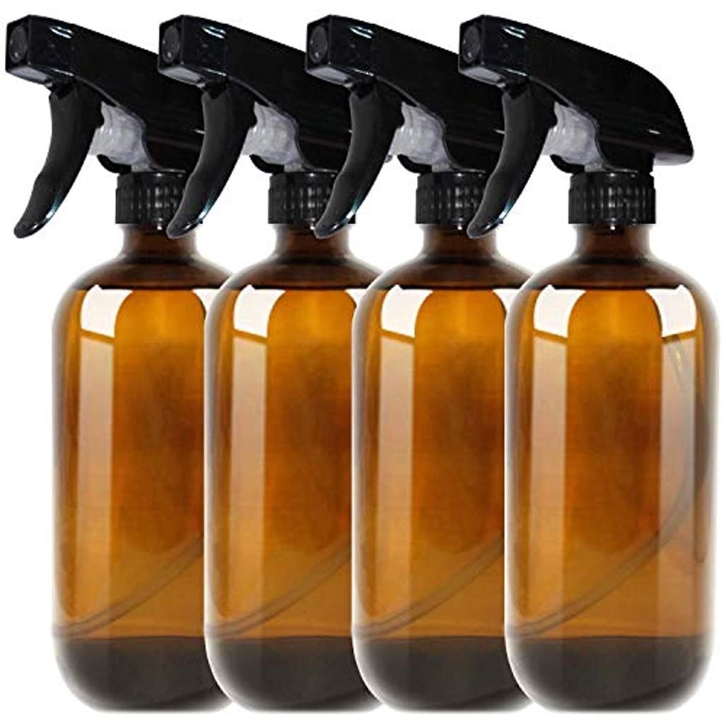 Global Cozy Life 500ml Boston Amber Air Spray Bottle (4 Packs) - Refillable Container With Trigger Spray, Lid And Label, Essential Oil Glass Bottle