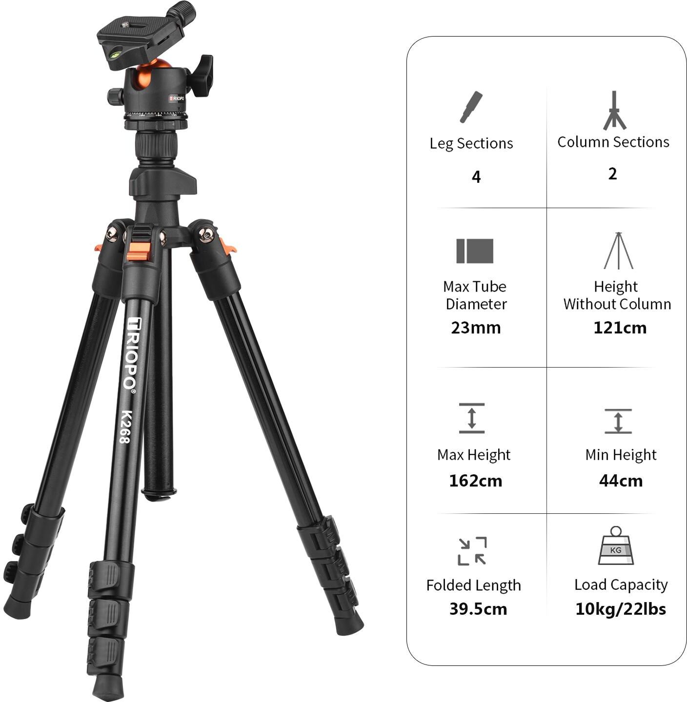 TOMTOP JMS TRIOPO K268 Portable Photography Tripod Stand Aluminum Alloy 360 degrees Panorama Ball Head 162cm/63.8in