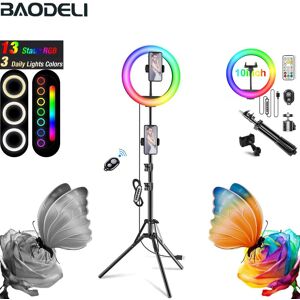 Ring Light Factory 10in RGB LED Selfie Ring Light 79"Tripod Photography RingLight Phone Stand Holder Circle Fill Light Dimmable Lamp Trepied Makeup