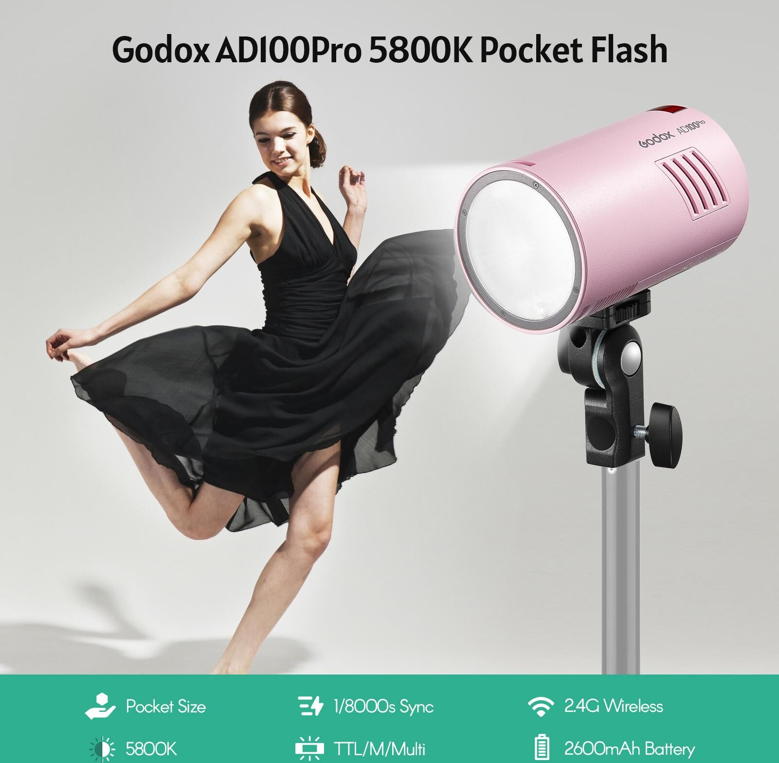 Godox AD100Pro Pocket Studio Portrait Flash Light Photography Lamp OLED Screen 5800K 1/8000s Sync