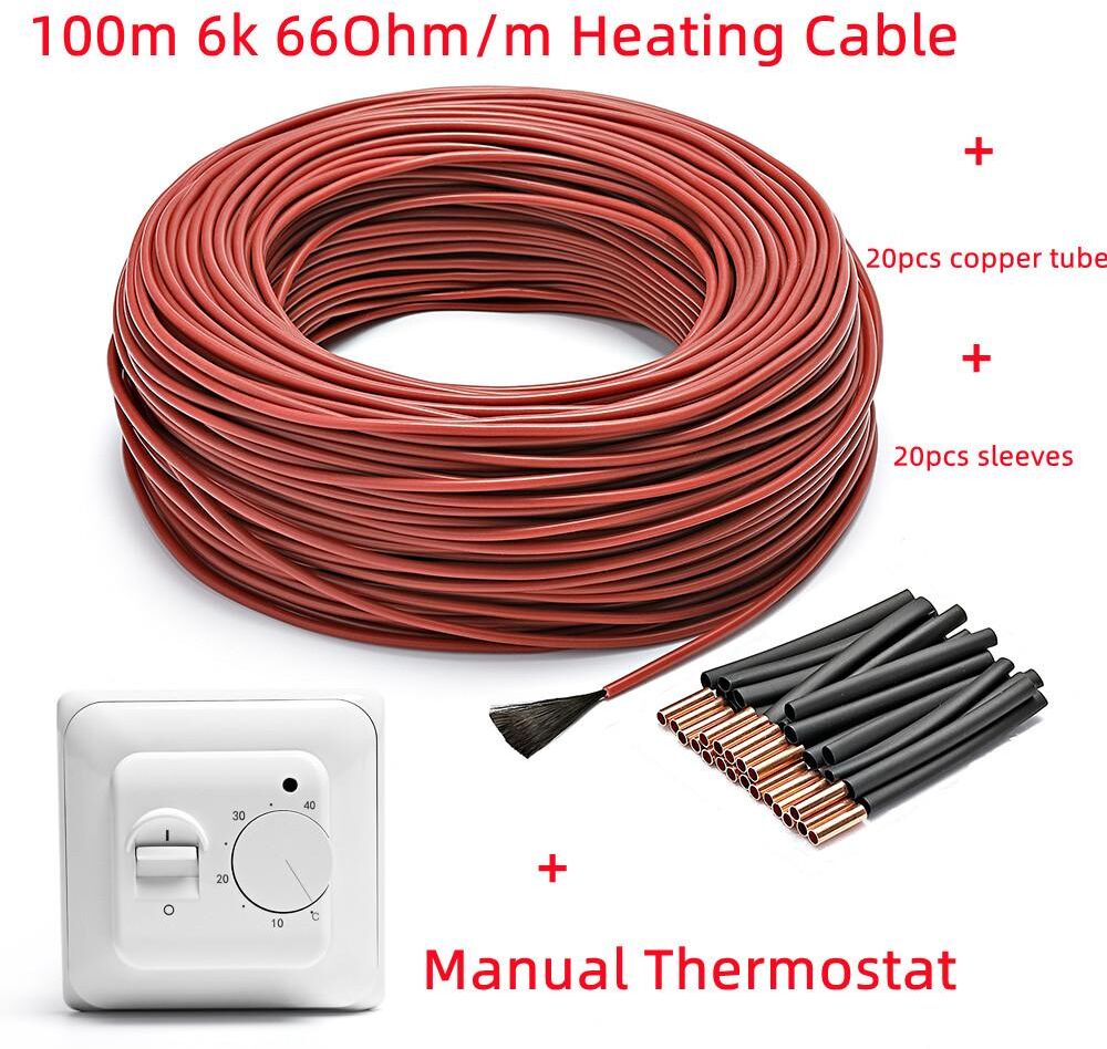 ByHeat 100m 6K Heating Cable And Thermostat Combined 66Ohm/m Carbon Fiber Floor Heating Wire With Manual Thermostat Kits