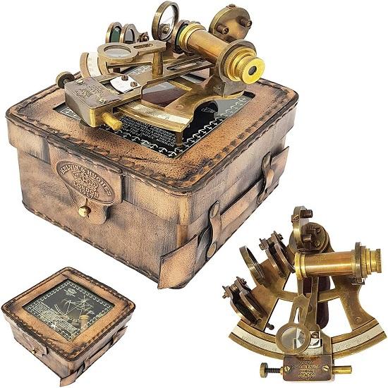 ROYAL HANDICRAFT Brass Sextant Navigation Marine Sextant in leather case