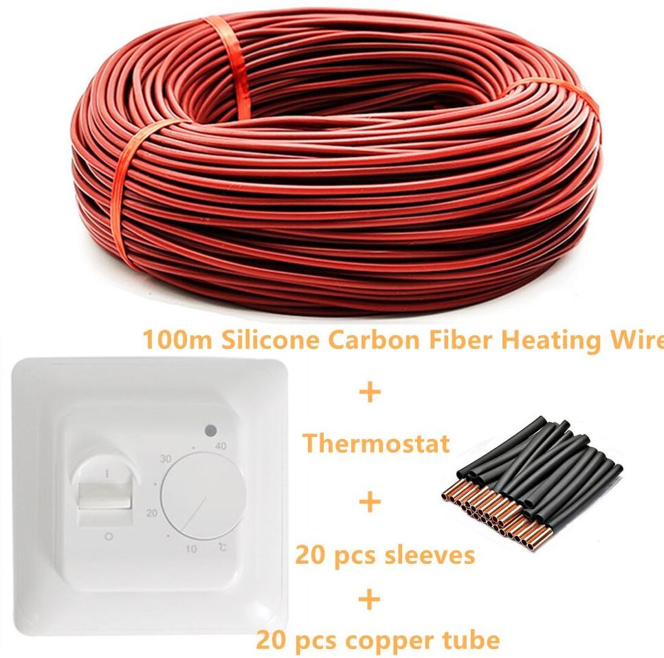 ByHeat 100m 12K Infrared Heating Cable And Thermostat Combined 33Ohm/m Carbon Fiber Floor Heating Wire With Manual Temperature Controller Kits