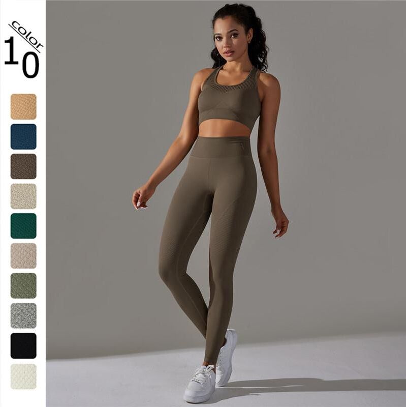 Nessaj Women Seamless Sportswear Knit High Waist Yoga Hip Lifting Pants Backless Bra Workout Clothes Fitness Suit