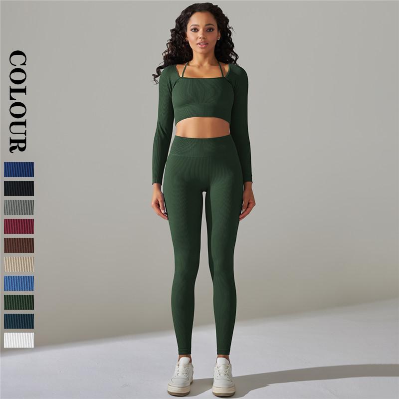 Nessaj Seamless Fitness Sportswear Women Gym Suits High Waist Leggings Long Sleeve Crop Top Sports Tracksuit