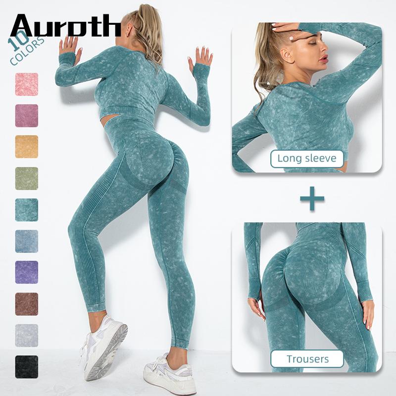 Auroth Women Seamless Tie Dye Yoga Set Workout Sportswear Long Sleeve Top High Waist Leggings Sports Suits