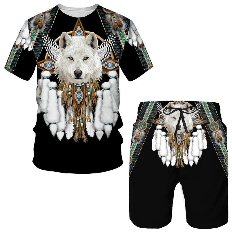 Wengy 2 Indian Style Wolf 3D Printed T-Shirt/Shorts/Suit Men's Casual Short Sleeve 2 Piece Sportswear Set Tracksuit Summer Mens Clothing