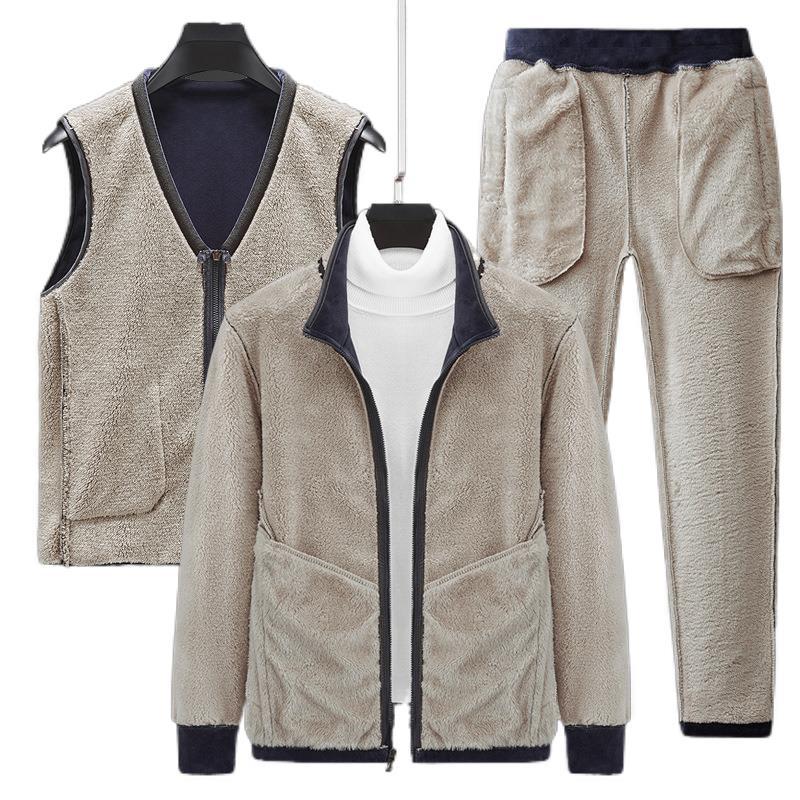 hexing-Men Sportswear Three -Piece Silver Fox Velvet Plus Velvet Stand -Up Collar Sweater Suit Men 'S Thick Warm Lamb Velvet Jacket
