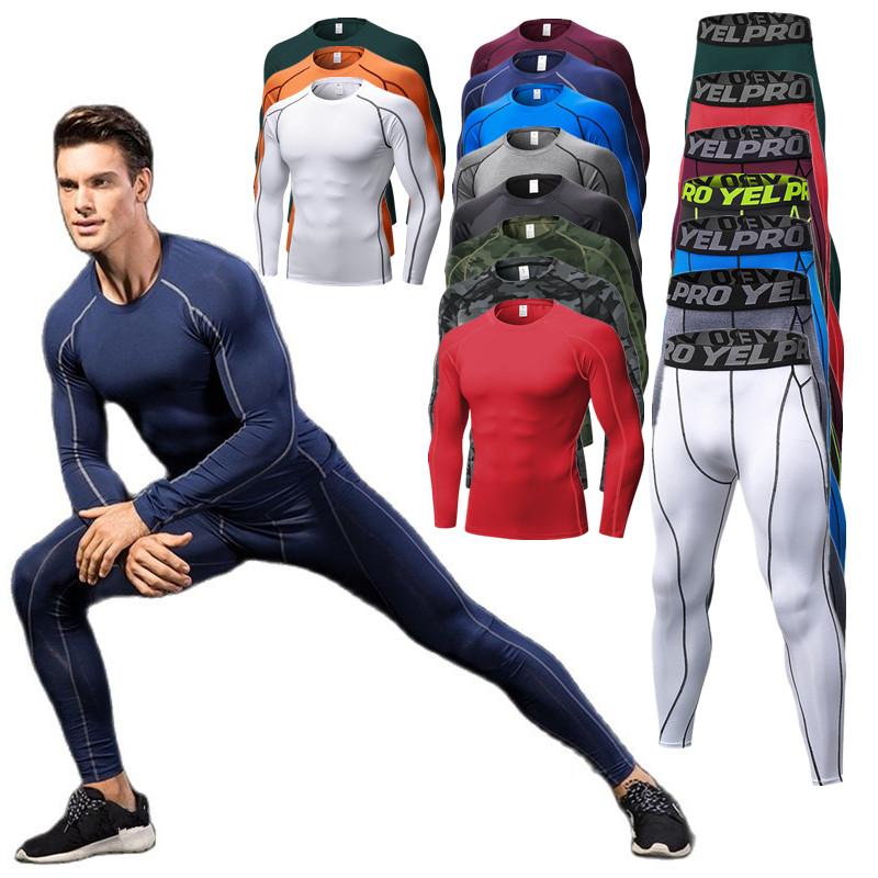 YOUNAXIN One Set Men's Running Tight Jogging T shirt+ Pants Training Gym Fitness Quick Drying Trousers Professional Sportswear Clothes Long Sleeves