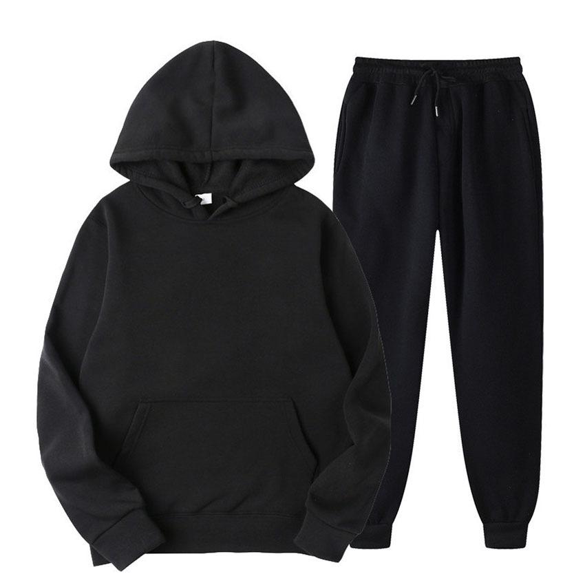 HerSight Men's Solid Color Hooded Pullover Sets Autumn Winter Fleece Hoodie Two Piece Suit Plus Size Men's Sportswear Pant Tracksuit