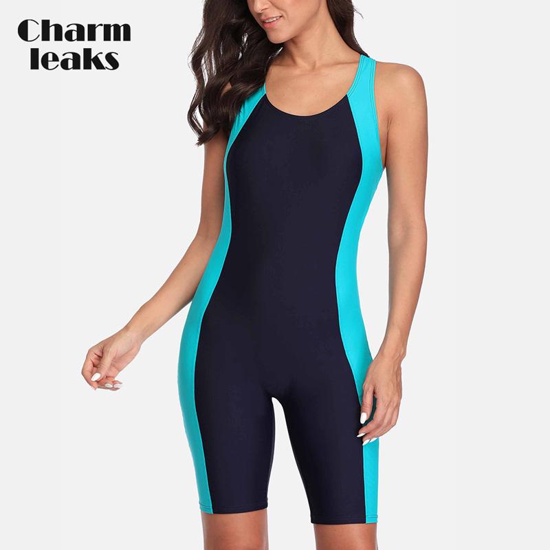 Charmleaks Women‘s One Piece Sports Swimwear Pro Sports Swimsuit Boyleg Beach Wear Colorblock