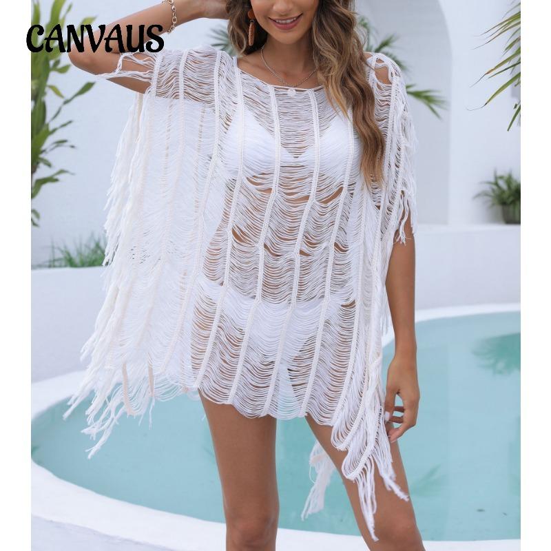CANVAUS Summer Women's Cover Up Beach Plus size Tassel Shirt One Neck Irregular Hollow Out Dresses Bikini Swimwear Beach Smock