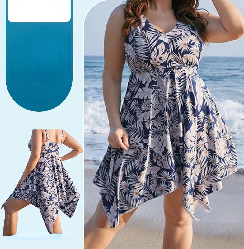 Wait Joan Plus Size 2024 New Women's Swimwear Flower Print Plus Size Swimsuit Women Elastic Backless Sexy Mini Beach Dress One Piece High Waist